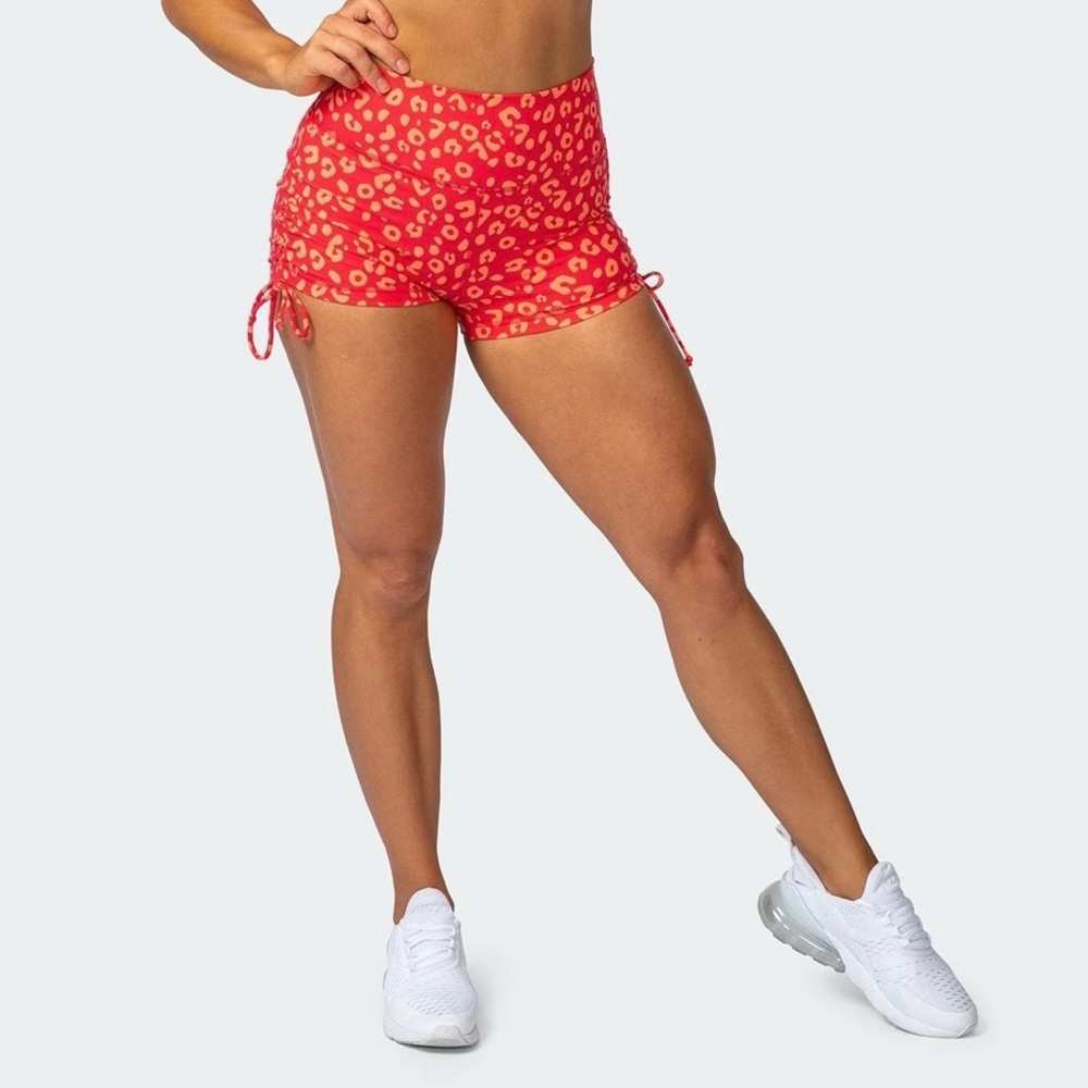 MUSCLE NATION • Signature Scrunch Tie Up Booty Shorts Red Cheetah Pattern - S